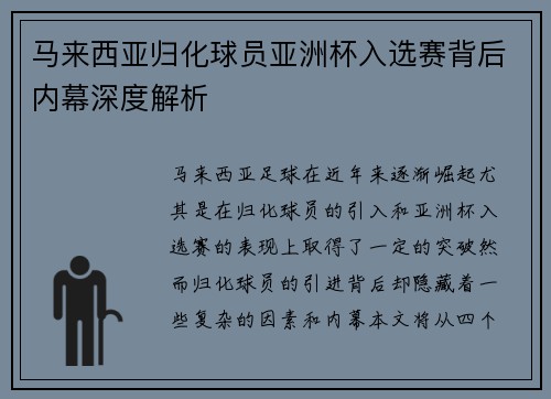 马来西亚归化球员亚洲杯入选赛背后内幕深度解析