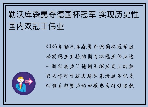 勒沃库森勇夺德国杯冠军 实现历史性国内双冠王伟业